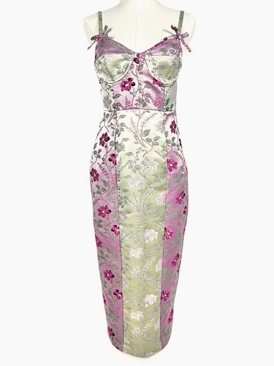 LoveShackFancy Dresses & Skirts - LoveShackFancy Floral Jacquard Bustier Midi Dress Pink Green Ivory Bow Strap 2